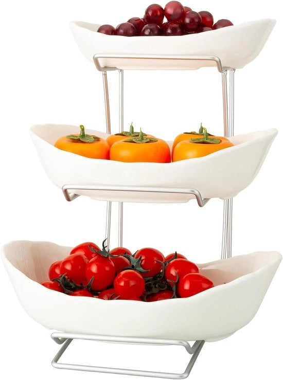 Sottopiano frutta - 3 strati di ceramica con supporto metallico, bianco - per snack, noci, dolci, torte e verdure