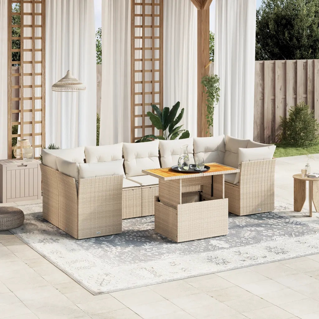 Set Divano da Giardino 8 pz con Cuscini Beige in Polyrattan