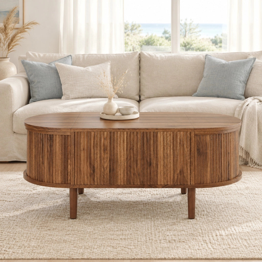Tavolino da caffè ovale regolabile 100x48x53;5 cm con contenitore in MDF; noce