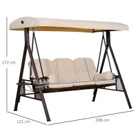 Dondolo 3 Posti con Tetto Regolabile, Portabicchieri e Cuscini, in Metallo e Poliestere, 208x121x172 cm, Beige