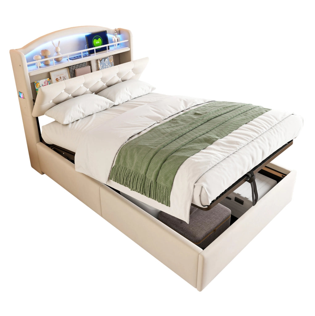 Letto imbottito 90x200 cm con contenitore; LED e USB in tessuto beige