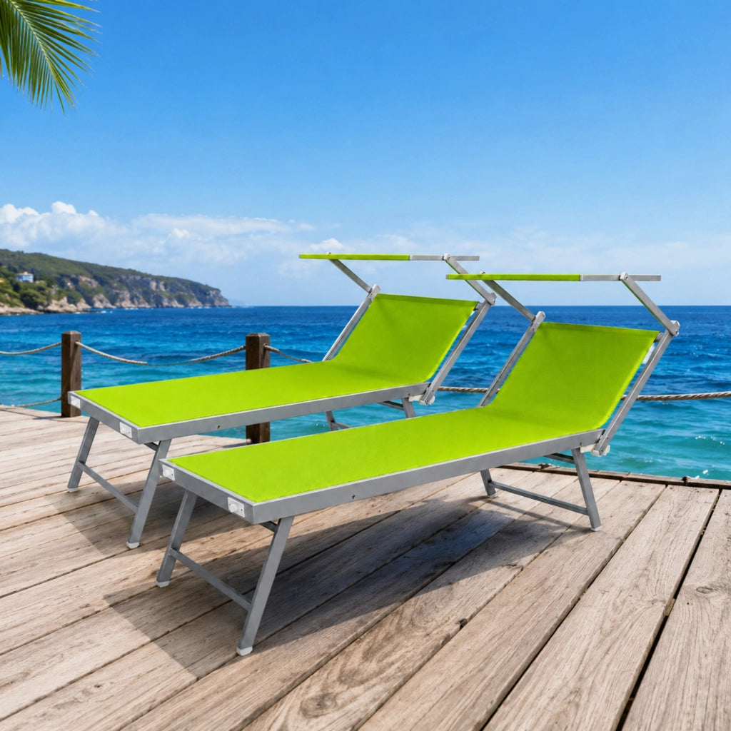 Set 2 Lettini Prendisole Pieghevoli Professionali In Alluminio Leggero Con Tettuccio Parasole Regolabile Sdraio Relax Mare Spiaggia Piscina Giardino Terrazza 182 x 60 x 38 Cm Verde Fluo