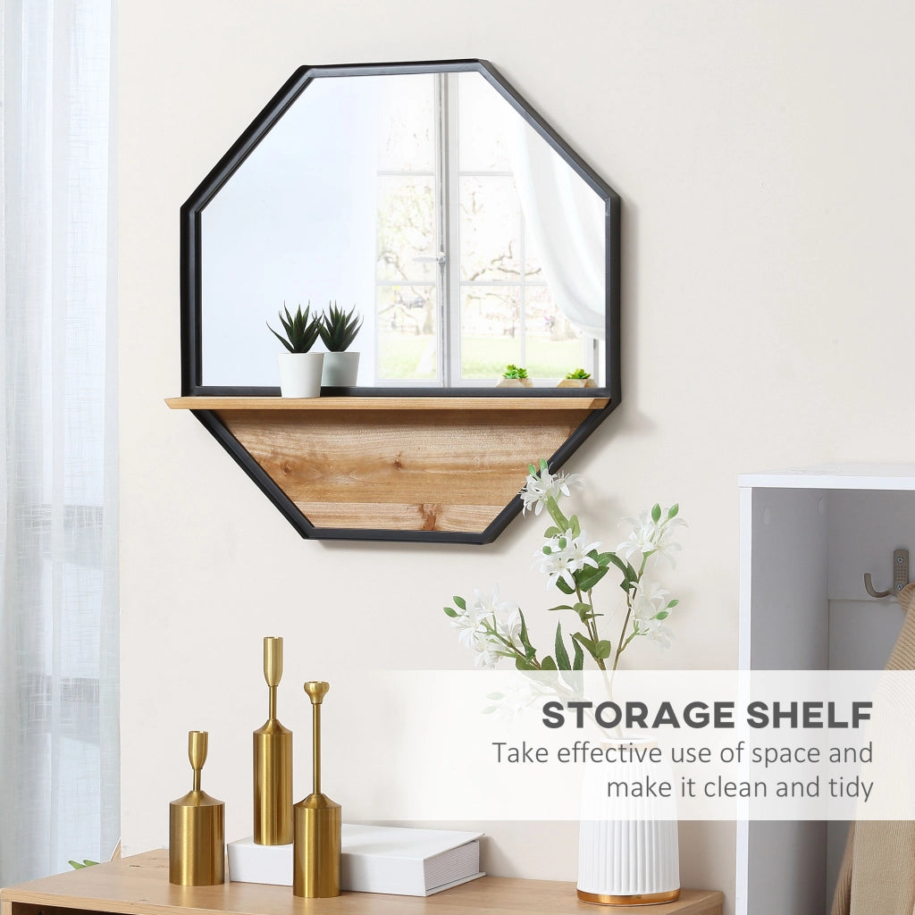 EasyComfort Specchio da Parete Ottagonale in Metallo con Mensola in Legno, 61x61cm Nero