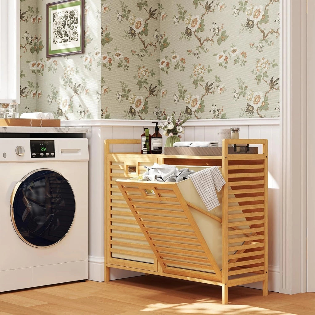 Cesto per la biancheria, 75 l, 2 scomparti, con 2 sacchetti per la biancheria rimovibili, 80 x 30 x 72 cm, in bambù, per lavanderia e bagno