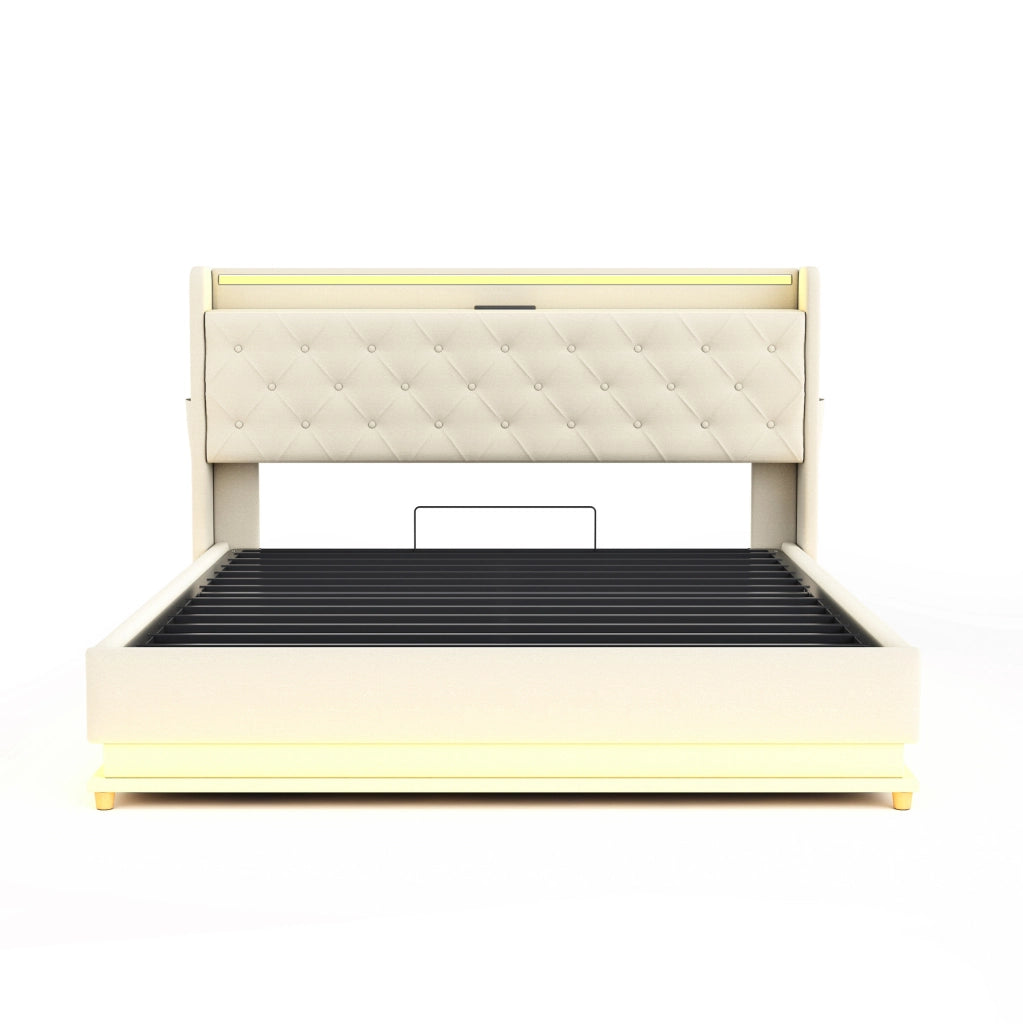 Letto imbottito LED 160x200 cm beige con USB e contenitore