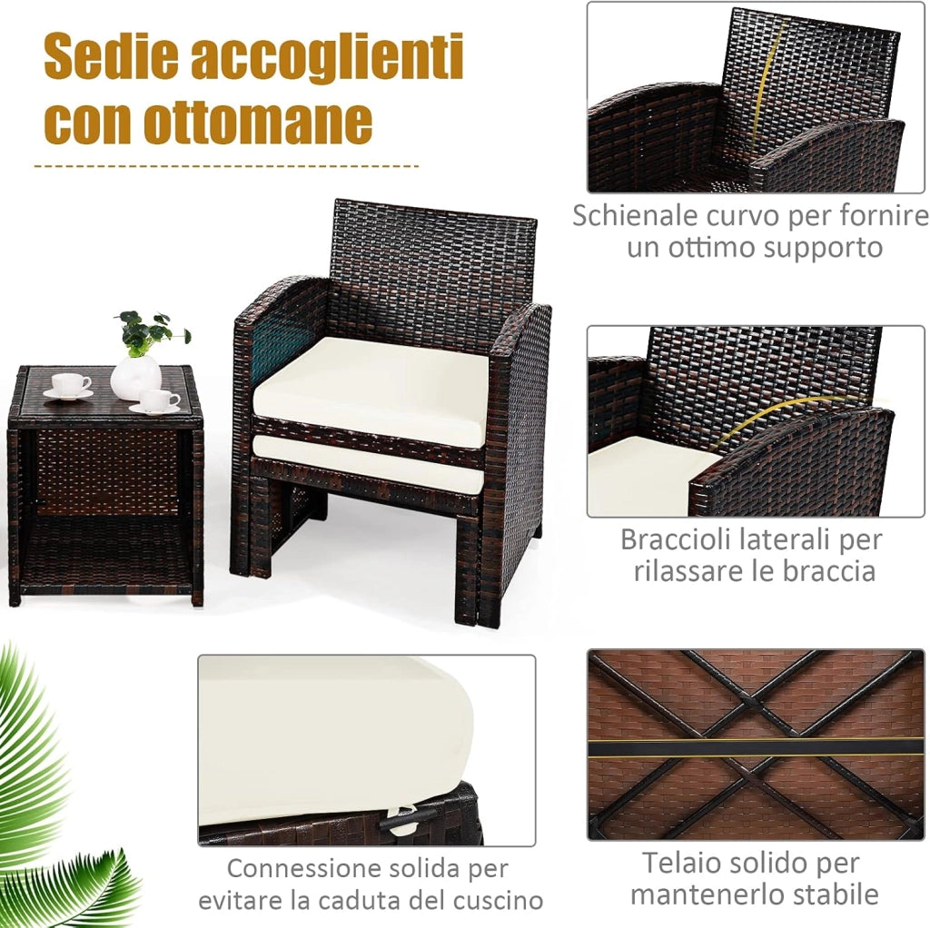 Set di 5 Mobili in Rattan, Set Conversazione da Esterno con Sedia e Ottomana e Tavolino da Caffè in Vetro Temperato, Braccioli Imbottiti, Perfetto per Giardino Cortile Piscina (Bianco)