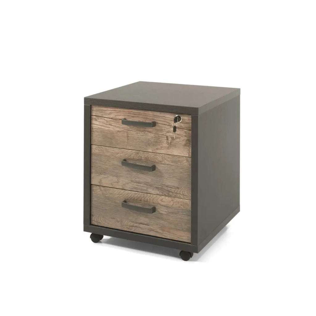 Cassettiera da ufficio con 3 cassetti color Nero e Rovere invecchiato | Collezione SOON | Meublorama
