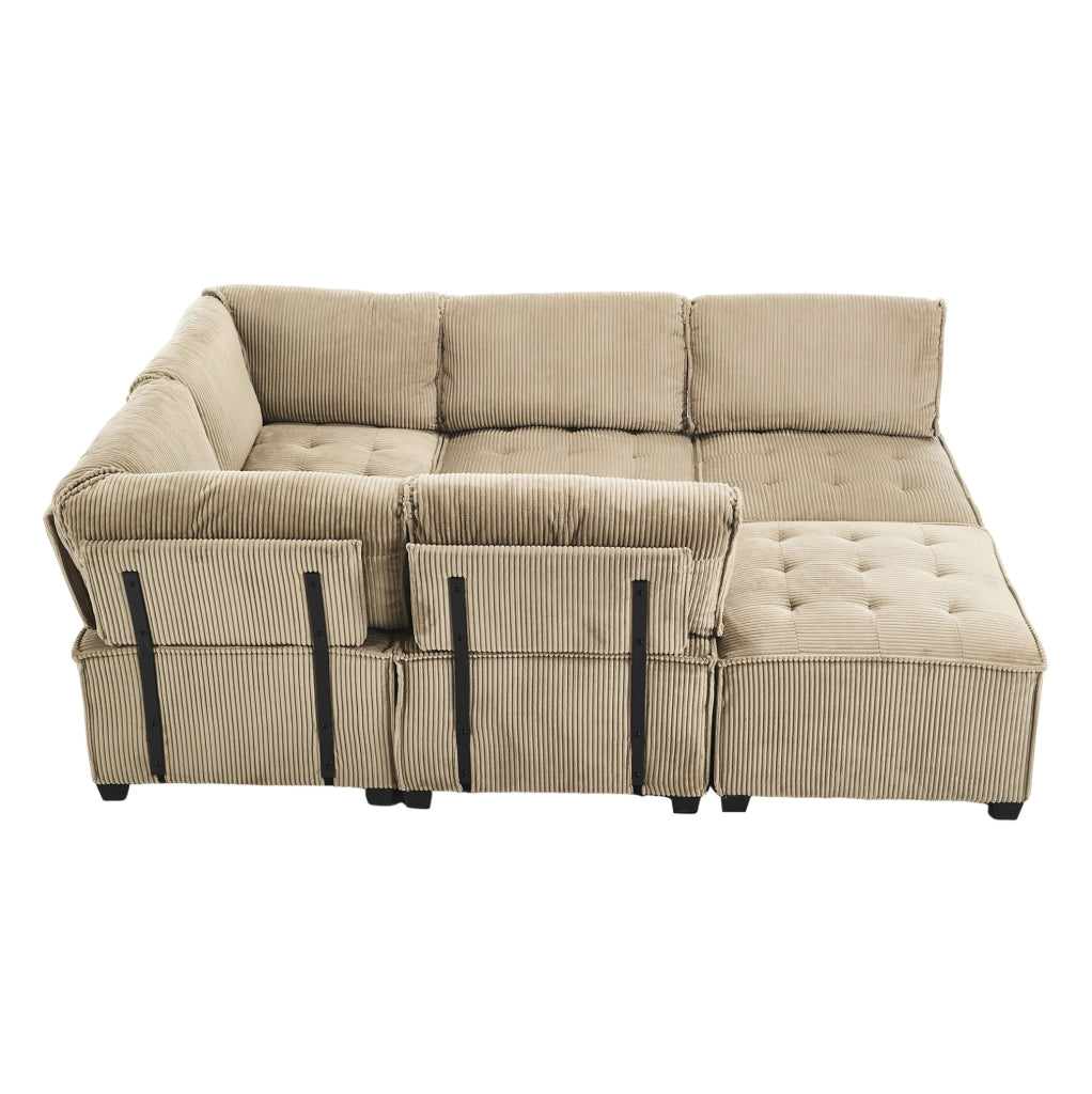 Divano modulare 6 posti in corduroy; configurazione U/L e funzione letto; khaki