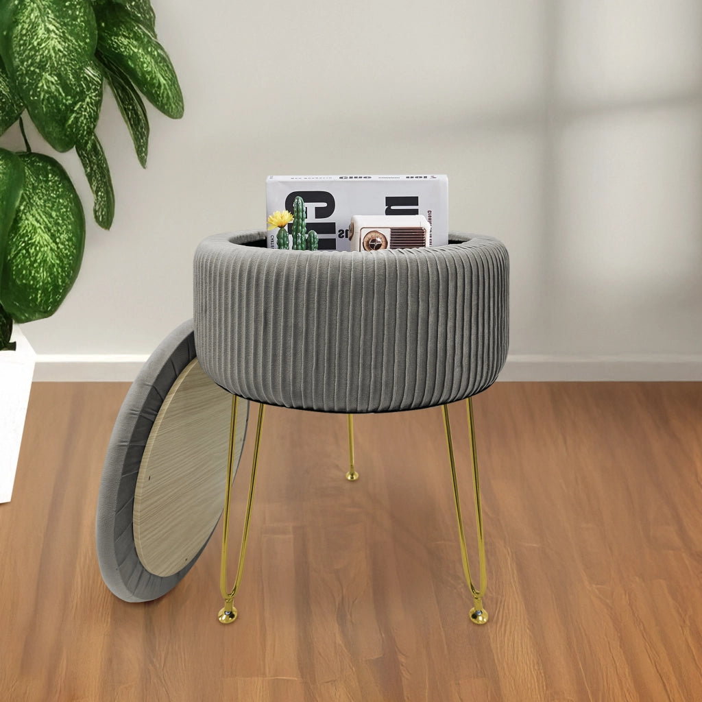 Pouf Rotondo In Velluto Con Contenitore Portaoggetti Sgabello Toeletta Trucco Tavolino Caffè Ripiano Legno Salotto Poggiapiedi Con Gambe Color Oro GrigioScuro