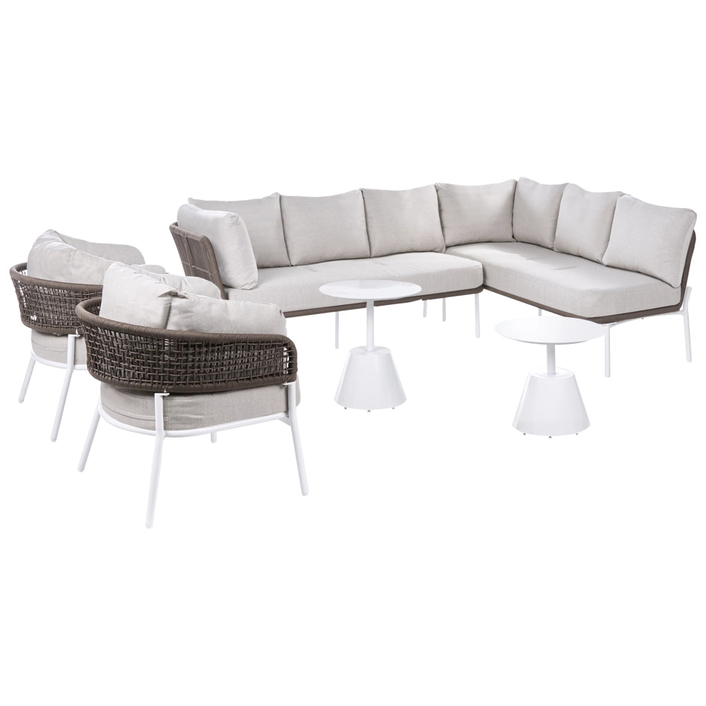 Set da salotto da giardino a 7 posti con divano angolare in corda intrecciata poltrone e 2 tavolini da caffè beige struttura in alluminio