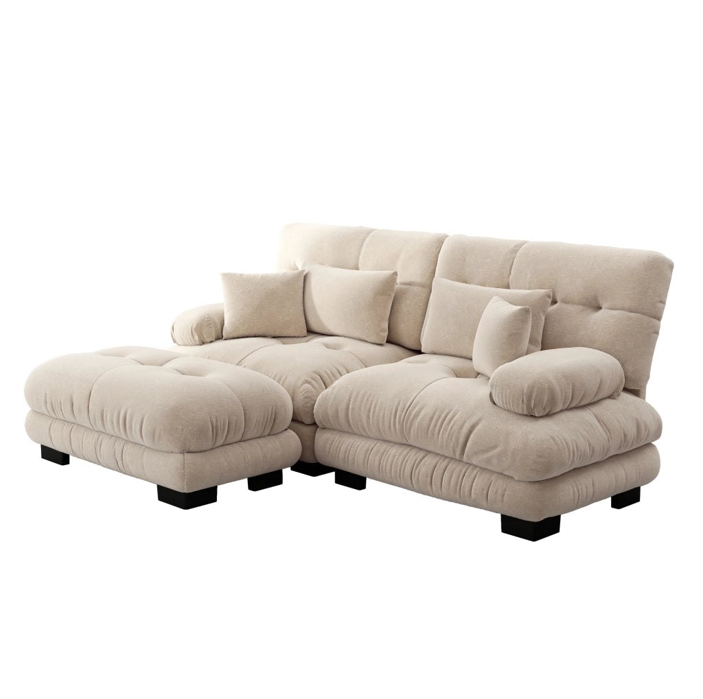 Divano Angolare Cloud in Chenille Vintage Marrone Chiaro con Braccioli Imbottiti e Pouf Abbinati