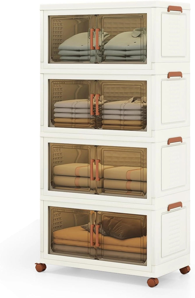 Contenitore Portaoggetti in Plastica Impilabile con Coperchi e Porte, 4 Ruote, per Soggiorno, Camera da Letto, 68,5 x 37,5 x 140 cm, Bianco e Marrone