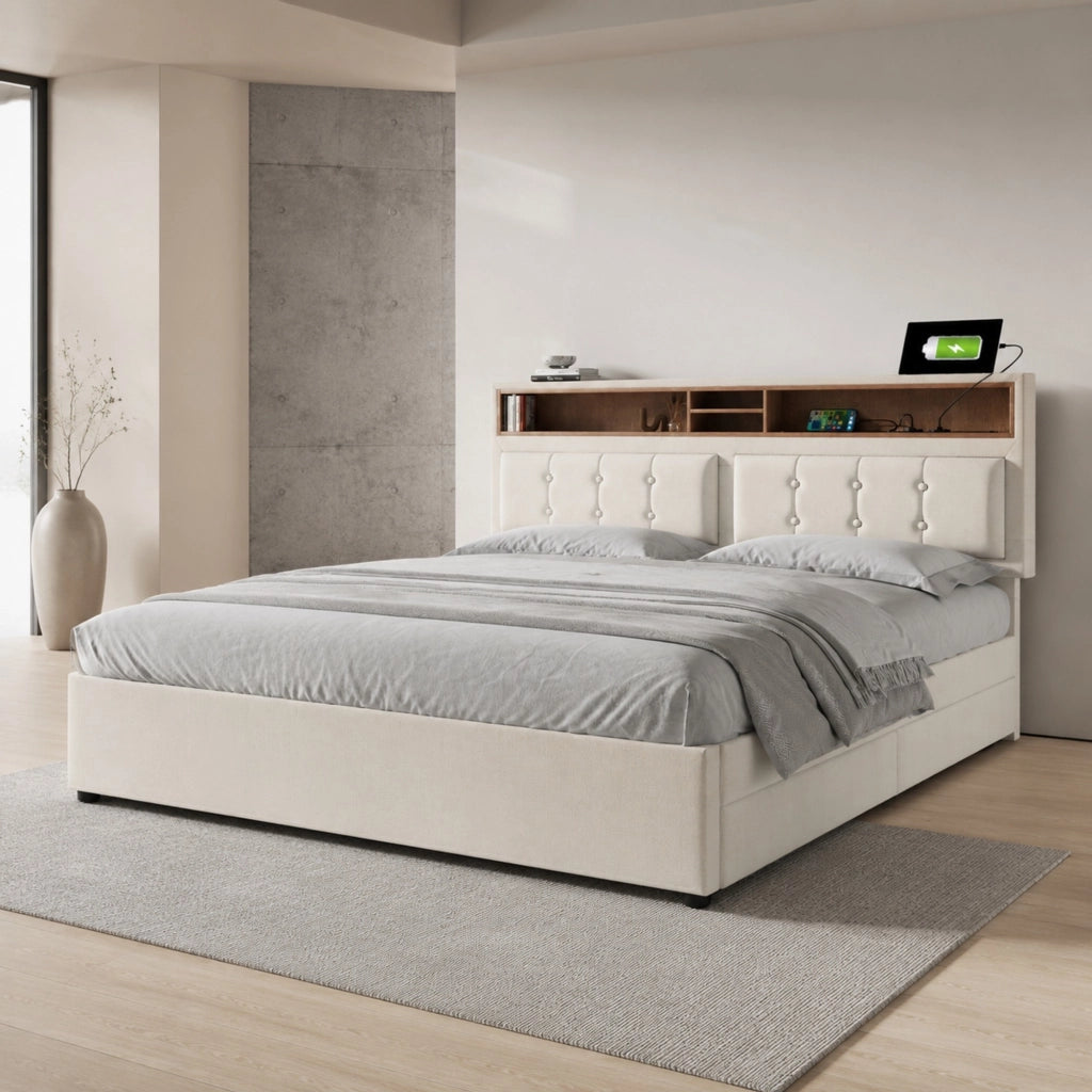 LETTO imbottito 140x200 cm con 4 cassetti, testiera regolabile, lino beige