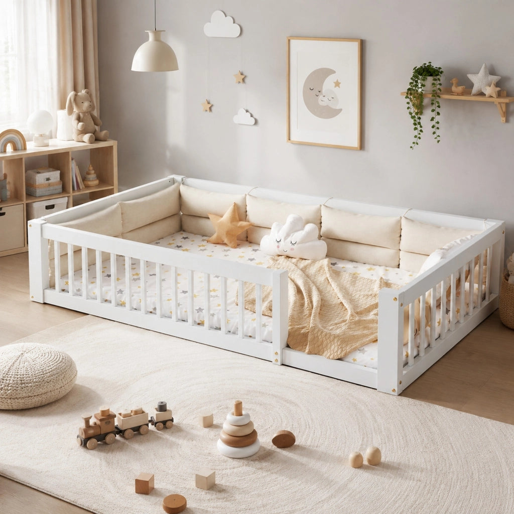 Letto a piattaforma 90x200 cm con sponde laterali e cuscini; bianco