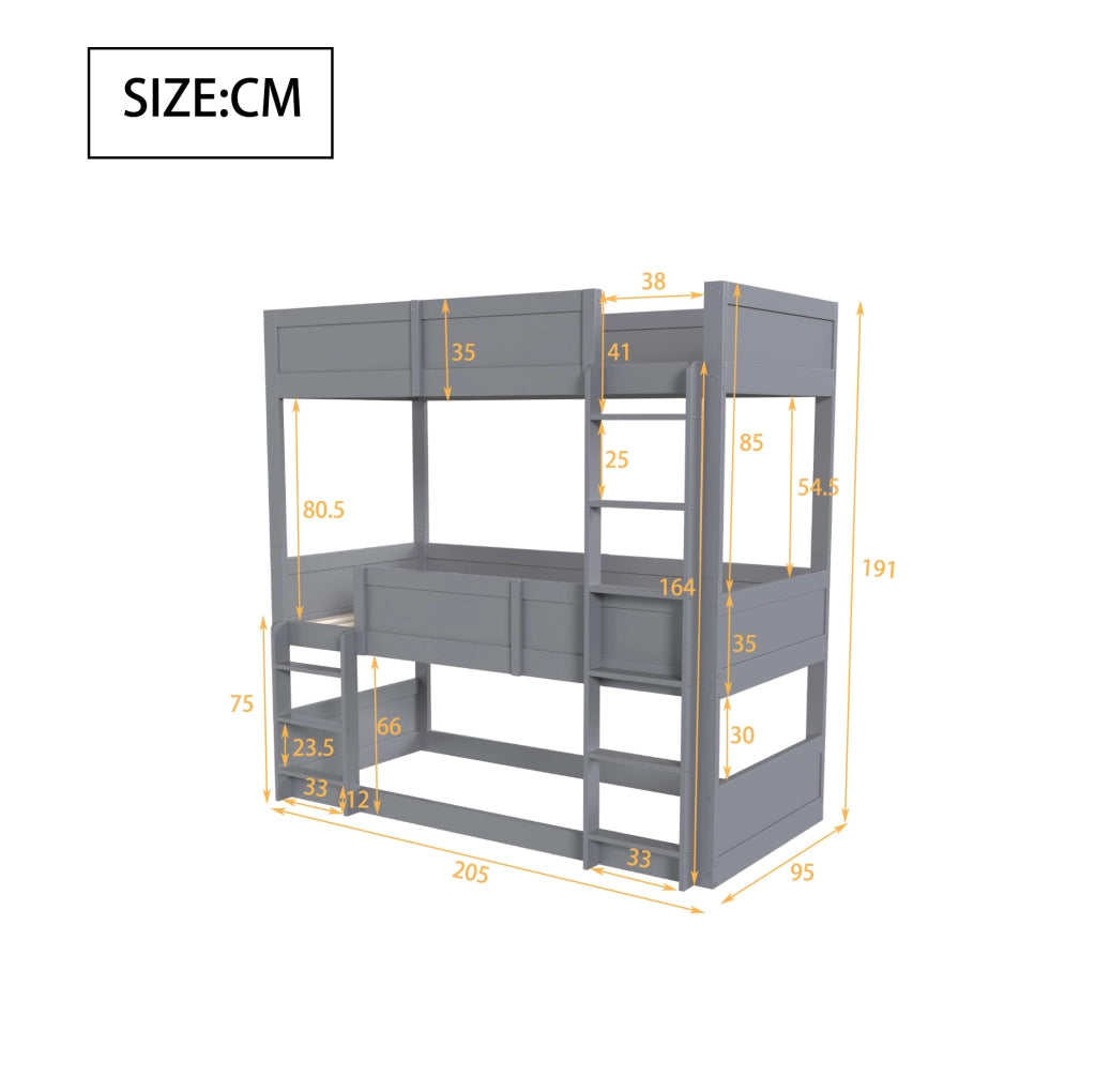 Letto triplo modulare 90x200 cm in legno grigio, soluzione salvaspazio