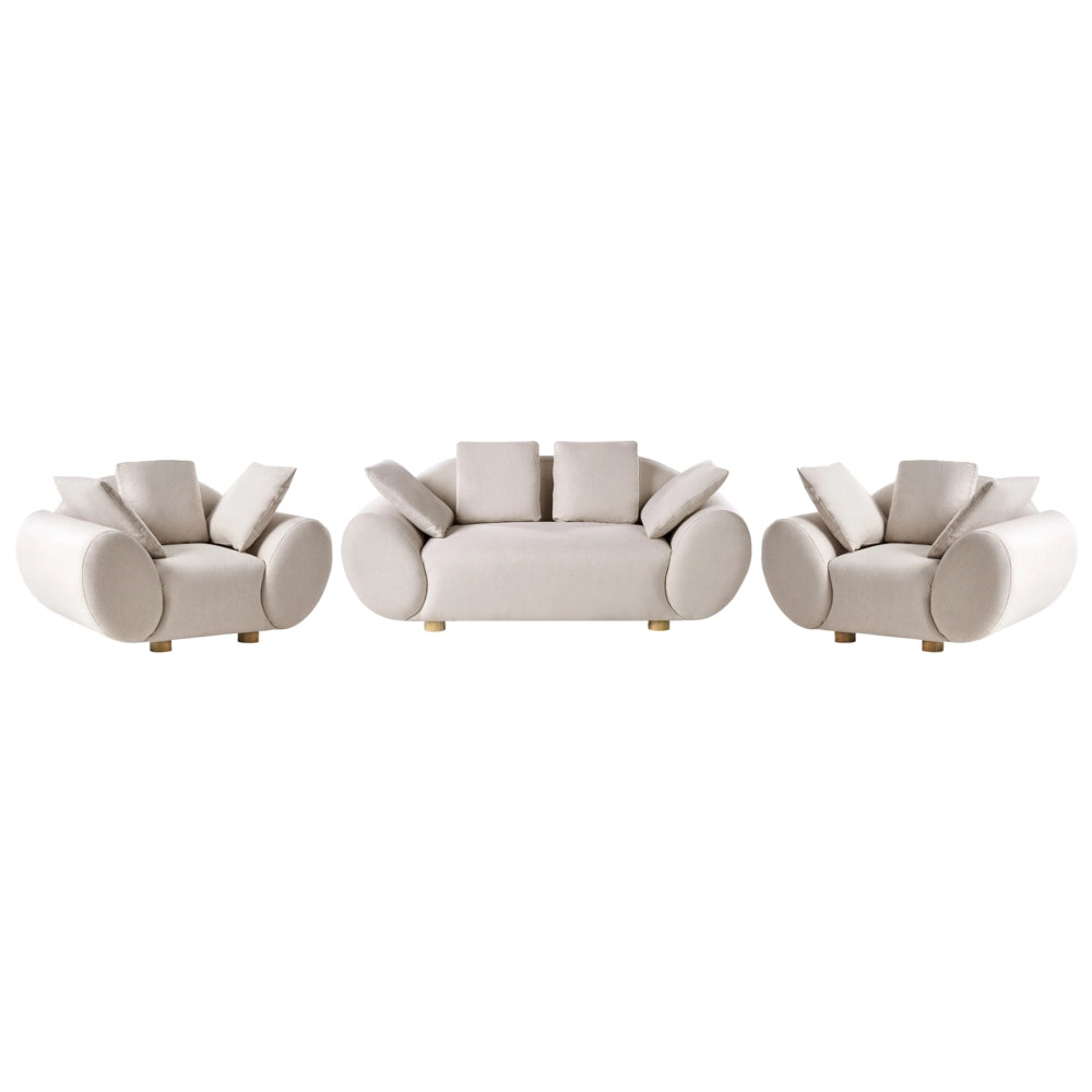Set da salotto imbottito con gambe in legno di gomma schienale imbottito in tessuto intrecciato beige chiaro stile moderno e minimalista