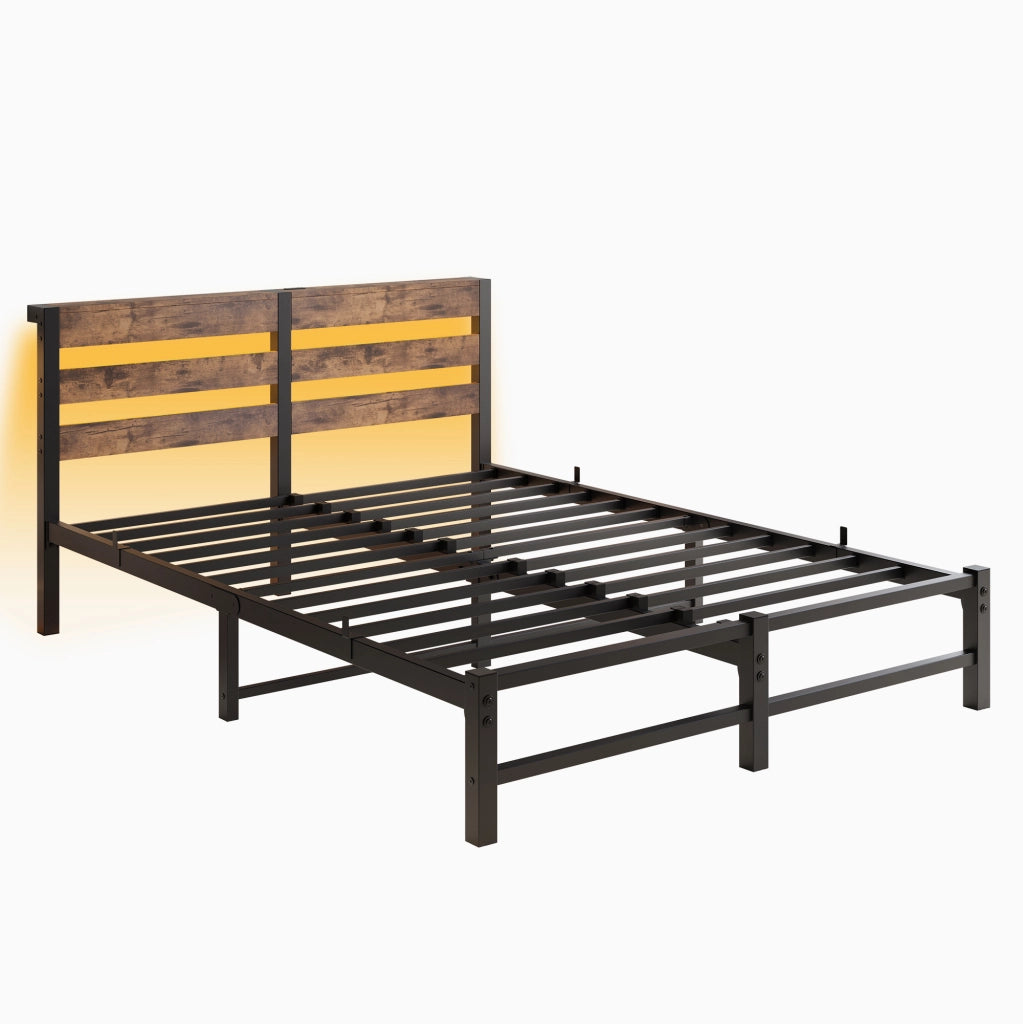 LETTO 140x200 cm in metallo e legno, LED RGB, 2 USB, nero e marrone