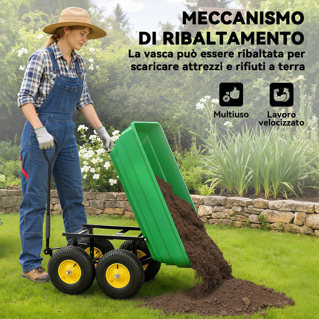 Carrello da Giardino 75L in Acciaio e PP con Vasca Ribaltabile ¨C zephmum ¨C Verde 109x52x94 cm