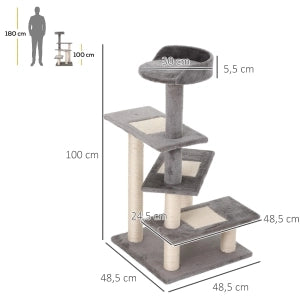 Albero Tiragraffi per Gatti con 3 Scale e Piattaforma Superiore, 48,5 x 48,5 x 100 cm, Beige e Grigio