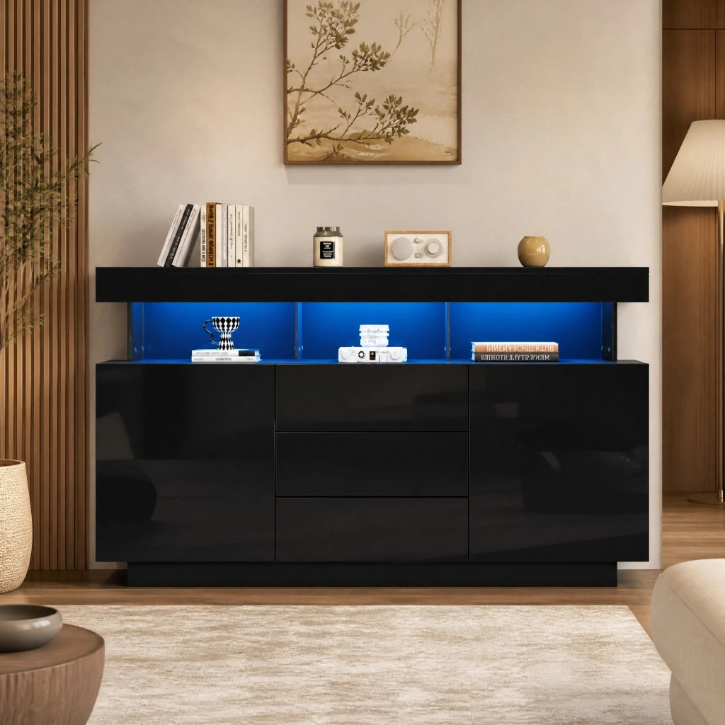Sideboard moderno lucido nero 140 x 35 x 80 cm con LED, 3 cassetti e 2 vani contenitori