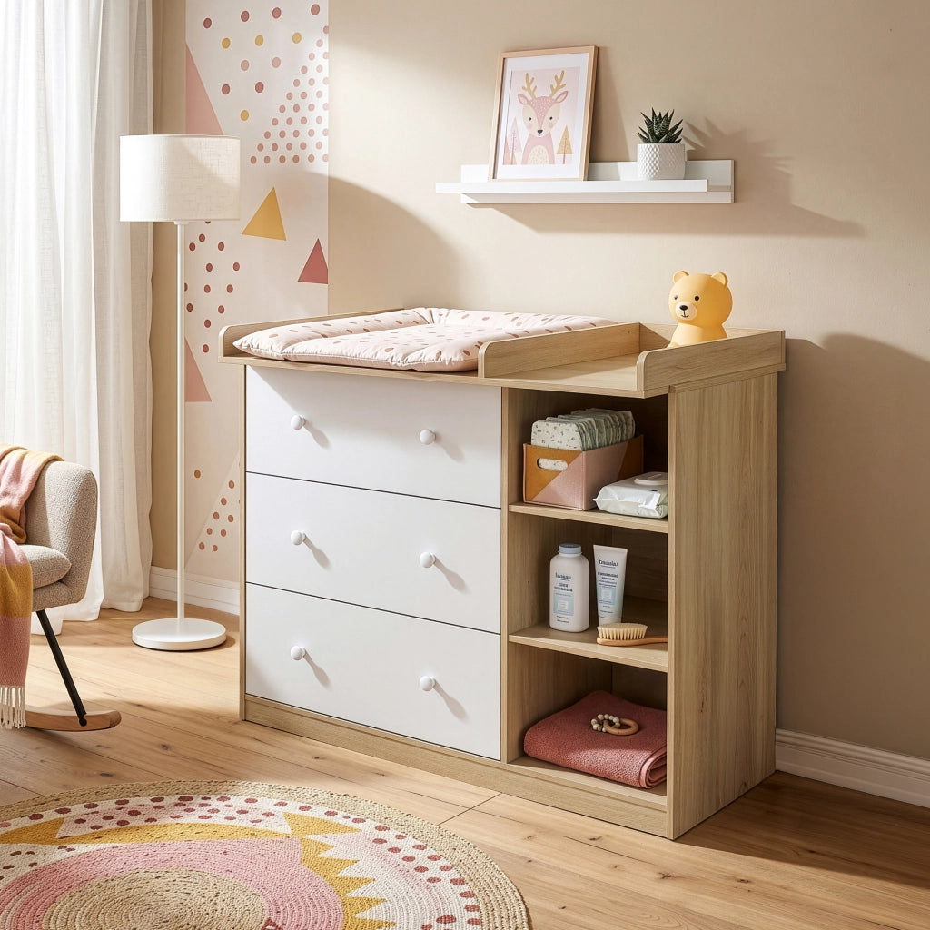 Cassettiera Beldinupp con Piano Fasciatoio Rimovibile 93 x 110 x 55 cm - Effetto Rovere / Bianco [en.casa]