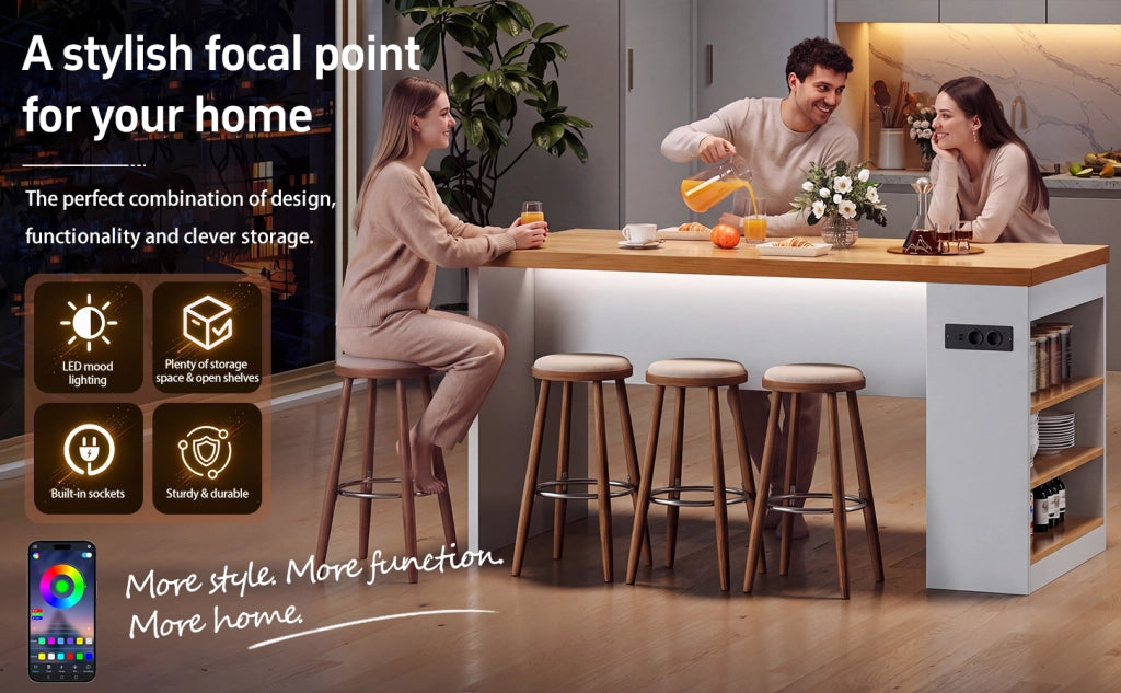 Isola da cucina 155x80x90 cm con LED, prese di corrente e 3 ripiani aperti