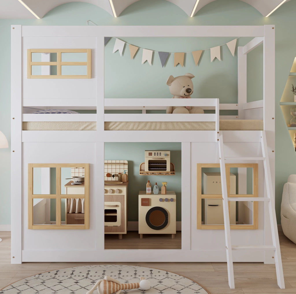 Letto a castello per bambini in pino, MDF e compensato, bianco e naturale, 90x200 cm con finestre decorative e scala robusta