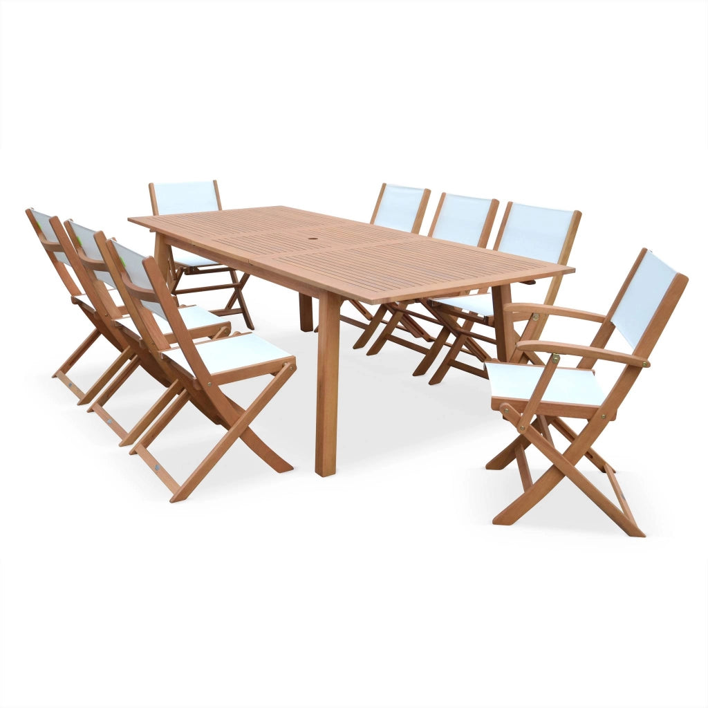 Set tavolo da giardino rettangolare allungabile in legno con 8 sedie,