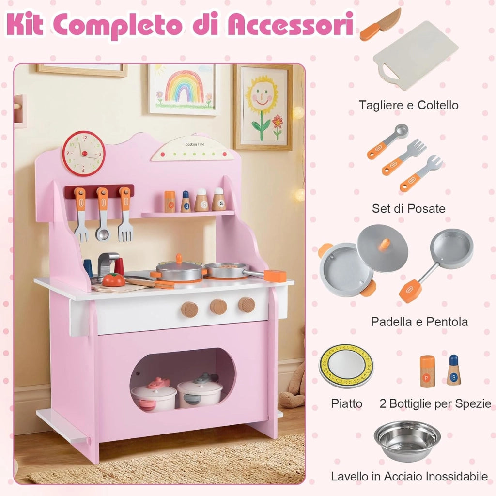 Cucina Giocattolo in Legno per Bambini, Set Gioco di Finzione con Orologio, Fornello, Porta Spezie e Accessori Completi, per Bambini 3+ Anni, 52 x 29,5 x 71 cm (Rosa + Bianco)