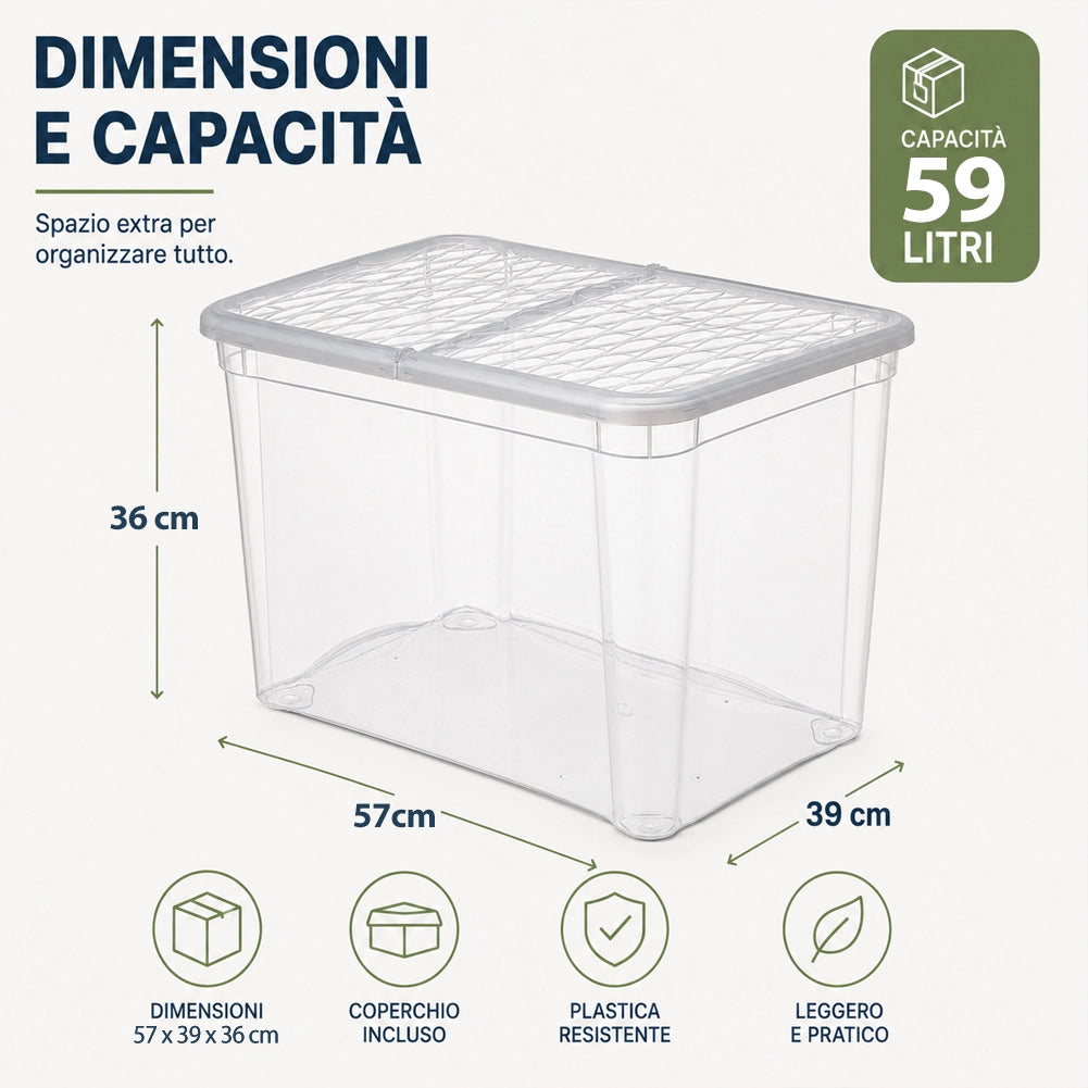 4 Pezzi Storage Box Marea Contenitori Trasparenti Plastica 59L x 4Pz 57x39x36 cm