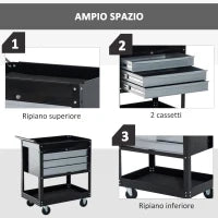 Carrello da Officina Professionale Cassettiera Portautensili in Lamiera, Nero, 68 x 46 x 88cm