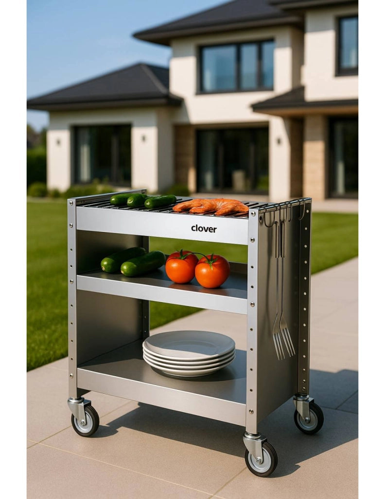 Barbecue a carbone con ruote, Struttura e Griglia in Acciaio Inox, 59 x 40,50 x 82 cm. CLOVER