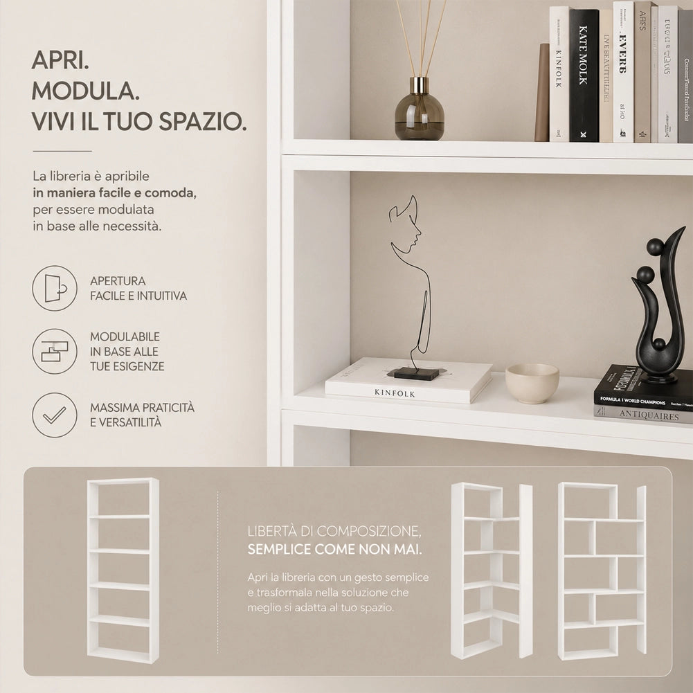 Libreria Modulare Apribile Legno Bianco Scaffale Libri Componibile 72x22x200cm