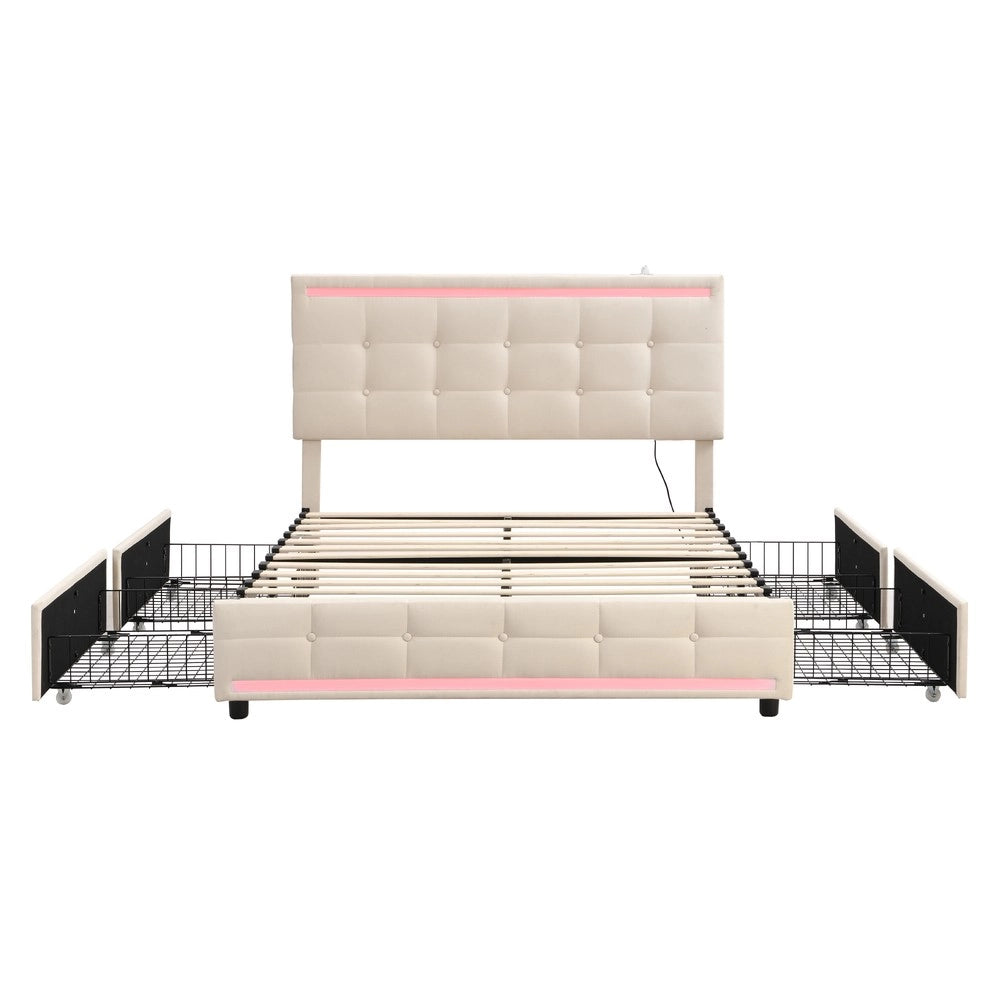 Letto Imbottito Contenitore 140x200 con LED ¨C MINIMAL ¨C Tessuto Beige, 4 Cassetti, 2 USB