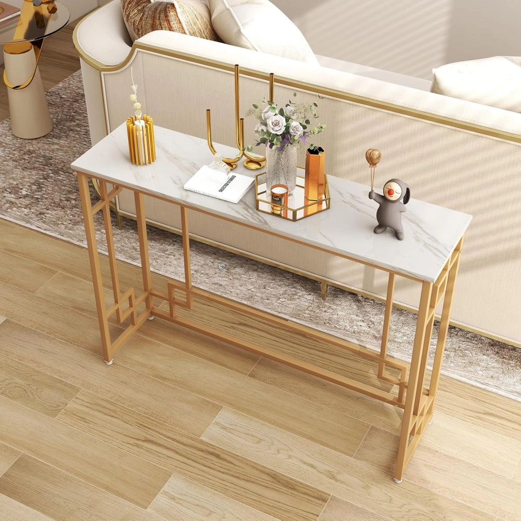 Tavolo Consolle Stretto di Ingresso Moderno con Base Dorata e Piano in Marmo Imitazione con Dispositivo Antiribaltamento per Soggiorno, Ingresso, Corridoio, Bianco e Oro, 110 x 30 x 81 cm