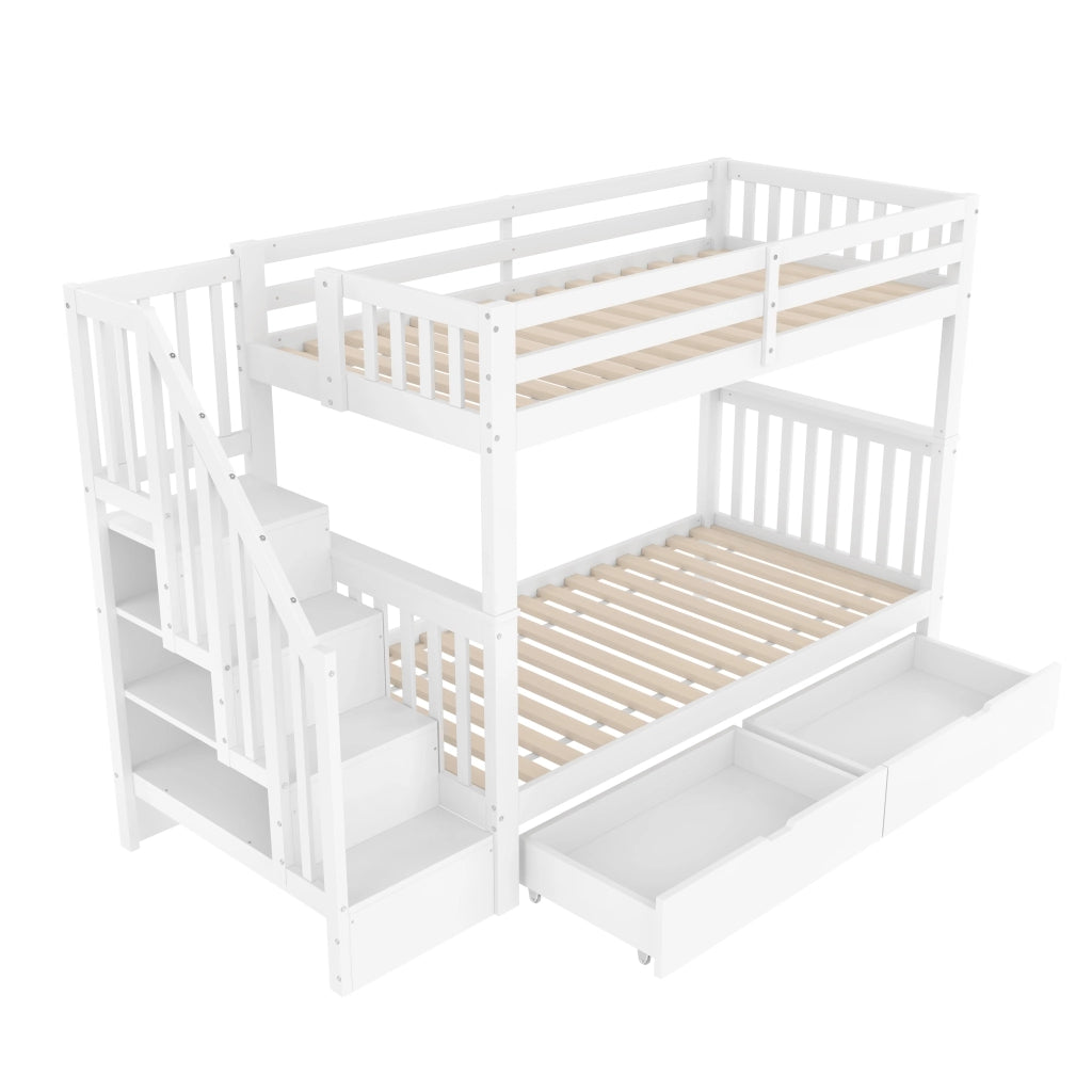 LETTO a castello con scala e 2 cassetti 90x200 cm in pino e MDF bianco