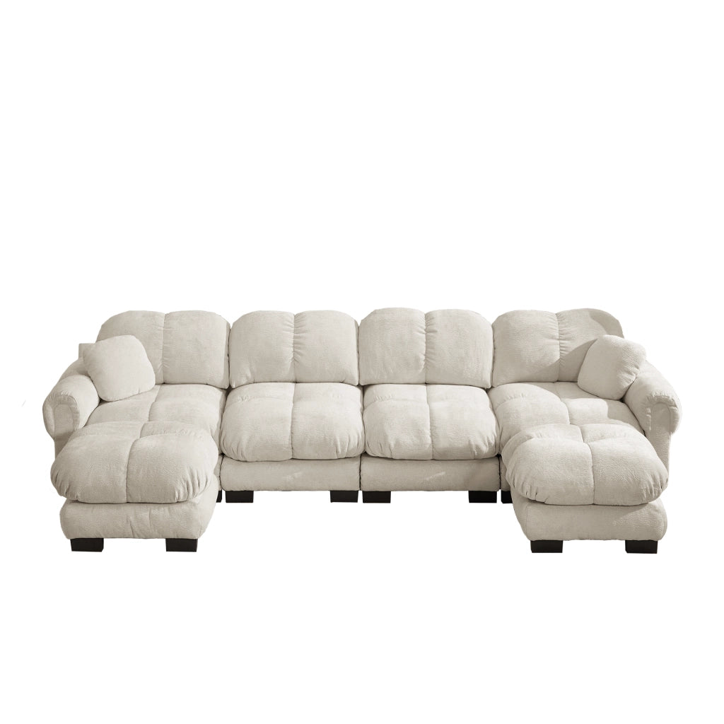 Divano panoramico a U 4 posti modulare con pouf mobili e schienale ergonomico in ciniglia beige chiaro