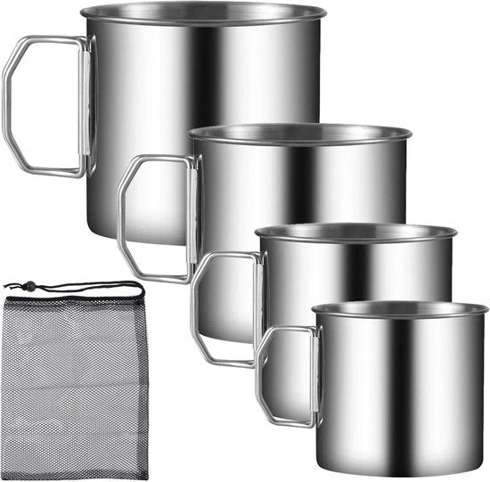 Set di bicchieri da campeggio 4 pezzi - Bicchieri in acciaio inossidabile - Manici ripiegabili - 760 ml / 550 ml - Fondi antiscivolo - Progetto di risparmio di spazio - Moka