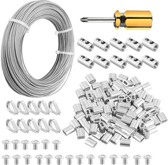 Cavo in vinile 2mm x 100m con guaina in acciaio inox 304, cavo aereo con connettore a cricchetto in alluminio 7x7 fibre per illuminazione con guida per la spina e per la linea di attacco.