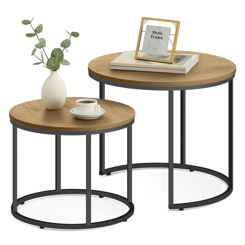 Set di tavolini rotondi VALORA - Stile industriale, gambe in rovere/nero x2