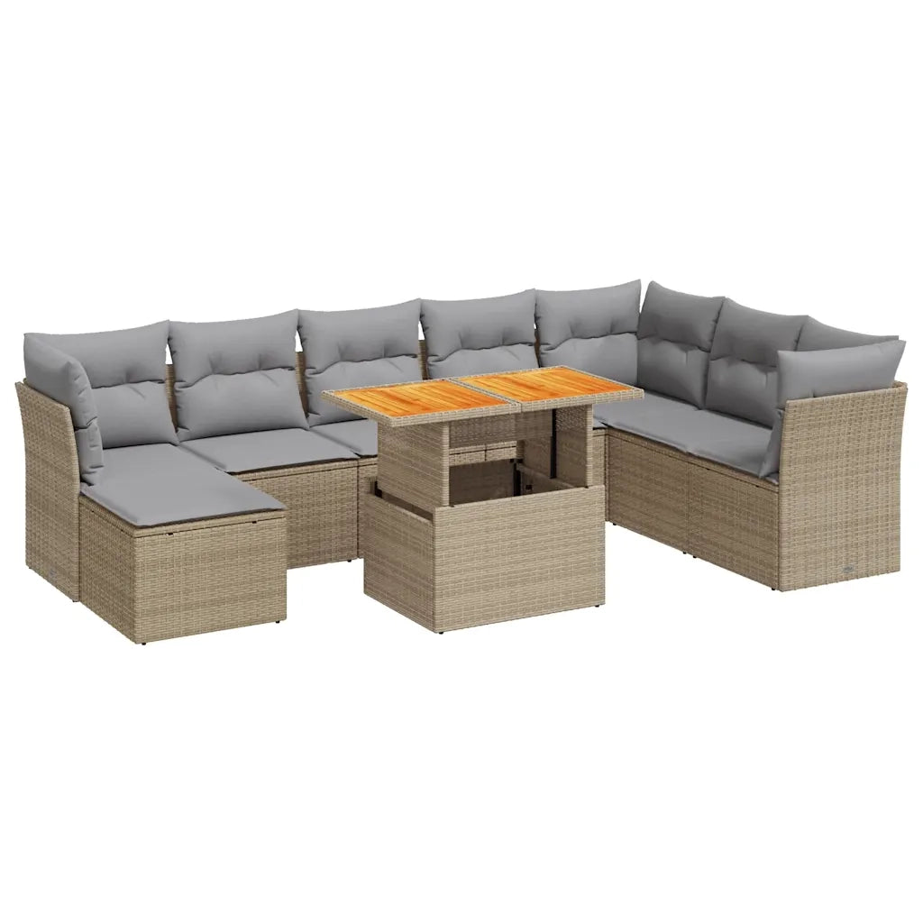 Set Divano da Giardino 9 pz con Cuscini Beige in Polyrattan