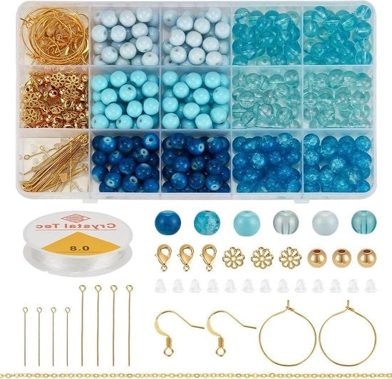 Kit di perle di vetro a forma rotonda 8mm blu - 275 pezzi per creare collane, bracciali e orecchini DIY