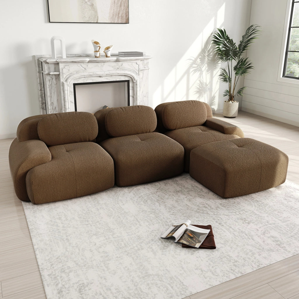 Divano angolare modulare senza montaggio in velluto a coste marrone; design ergonomico
