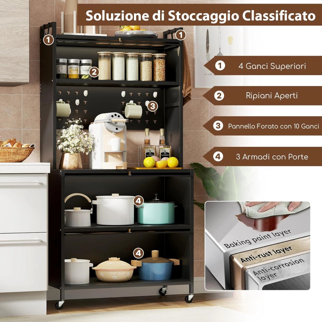 Credenza Alta per Cucina con 5 Ripiani e 3 Ante a Ribalta Traslucide, Mobile Cucina con Ruote e Panello a Ganci, Armadio Cucina Porta Microonde (80 x 40 x 160 cm,Nero)