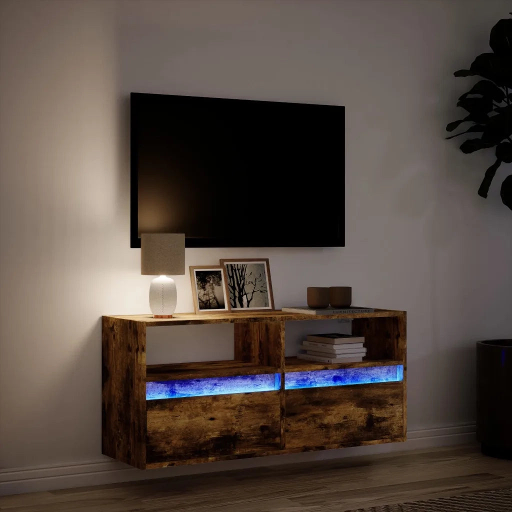 Mobile TV a Parete con Luci LED Rovere Fumo 100x31x45 cm