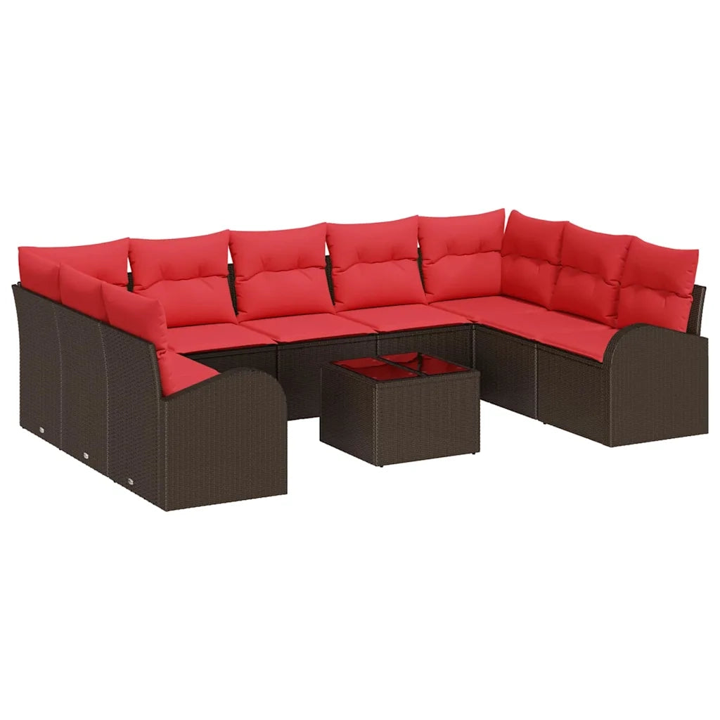 Set Divano da Giardino 10 pcs Marrone e Rosso polyrattan