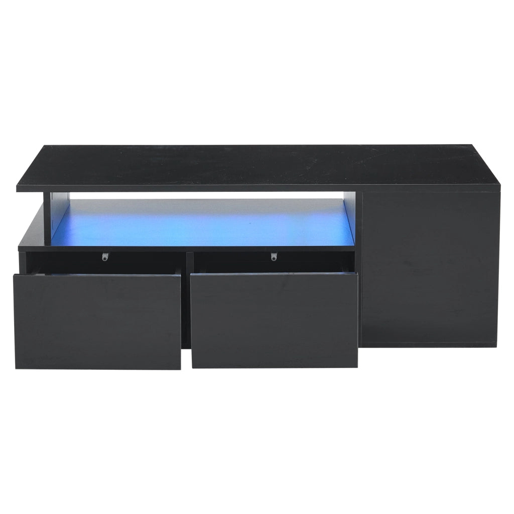 Tavolino da salotto 100 x 50 x 35 cm con LED, 2 cassetti e ampio spazio contenitivo, nero lucido