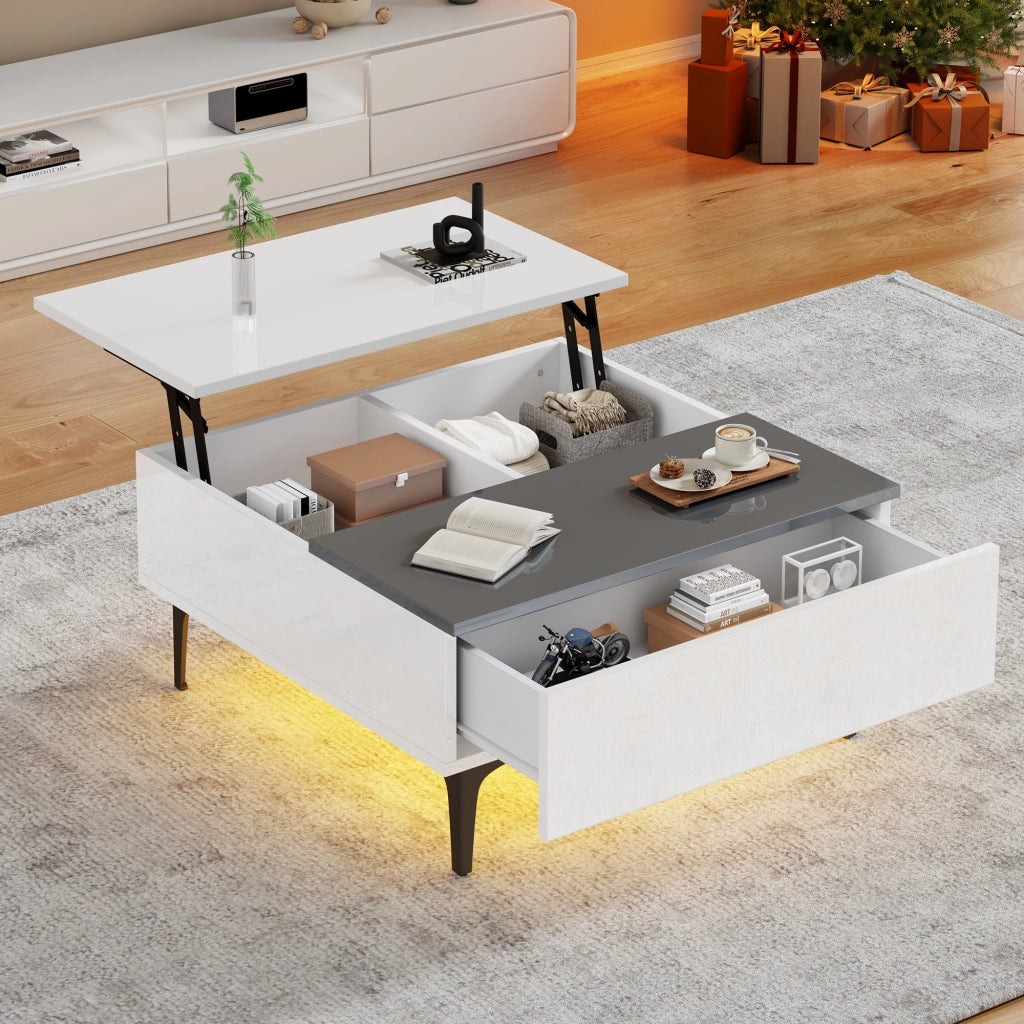 TAVOLO ALZABILE 70x70x35 cm MDF Bianco e Grigio con LED