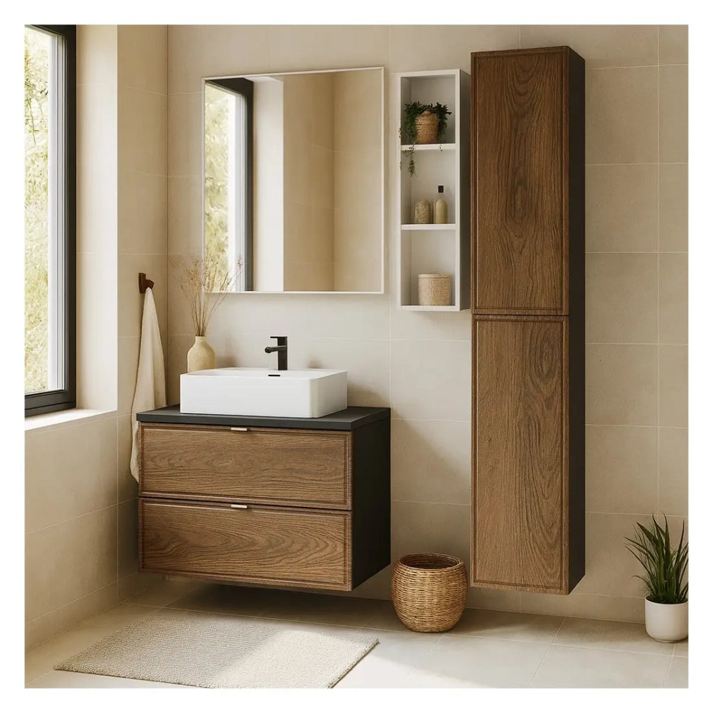 Set SAVIA: mobile sottolavabo 80cm + lavabo da appoggio + mobili contenitori