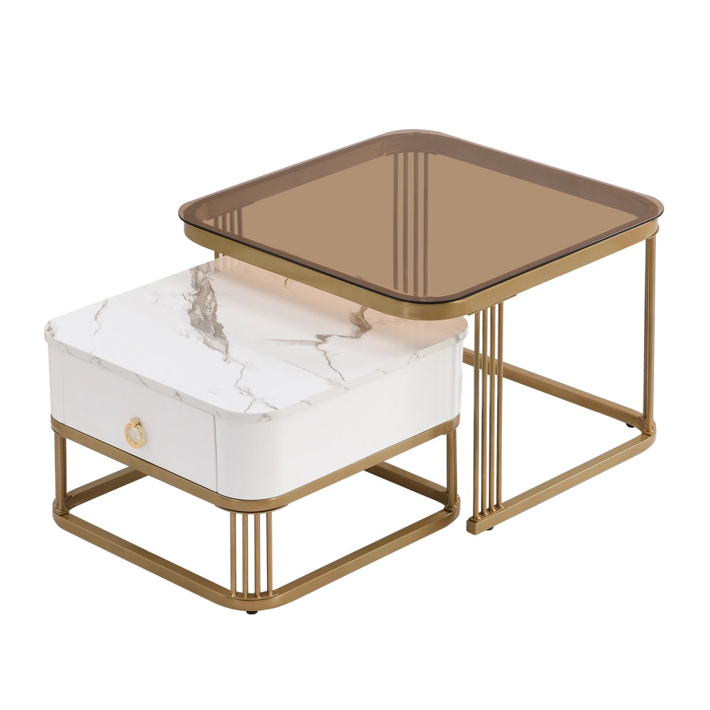 OKWISH Tavolini da Salotto Impilabili Quadrati con 1 Cassetto, Piano Effetto Marmo Lucido e Vetro, MDF, Bianco 60×60×42.5 cm